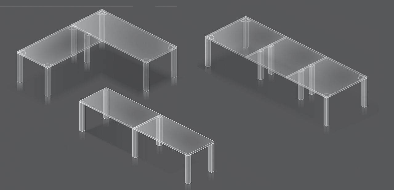 iONE: Winkelkombination, Reihe, Verkettung mit nach innen versetzten Tischbeinen für mehr Beinfreiheit