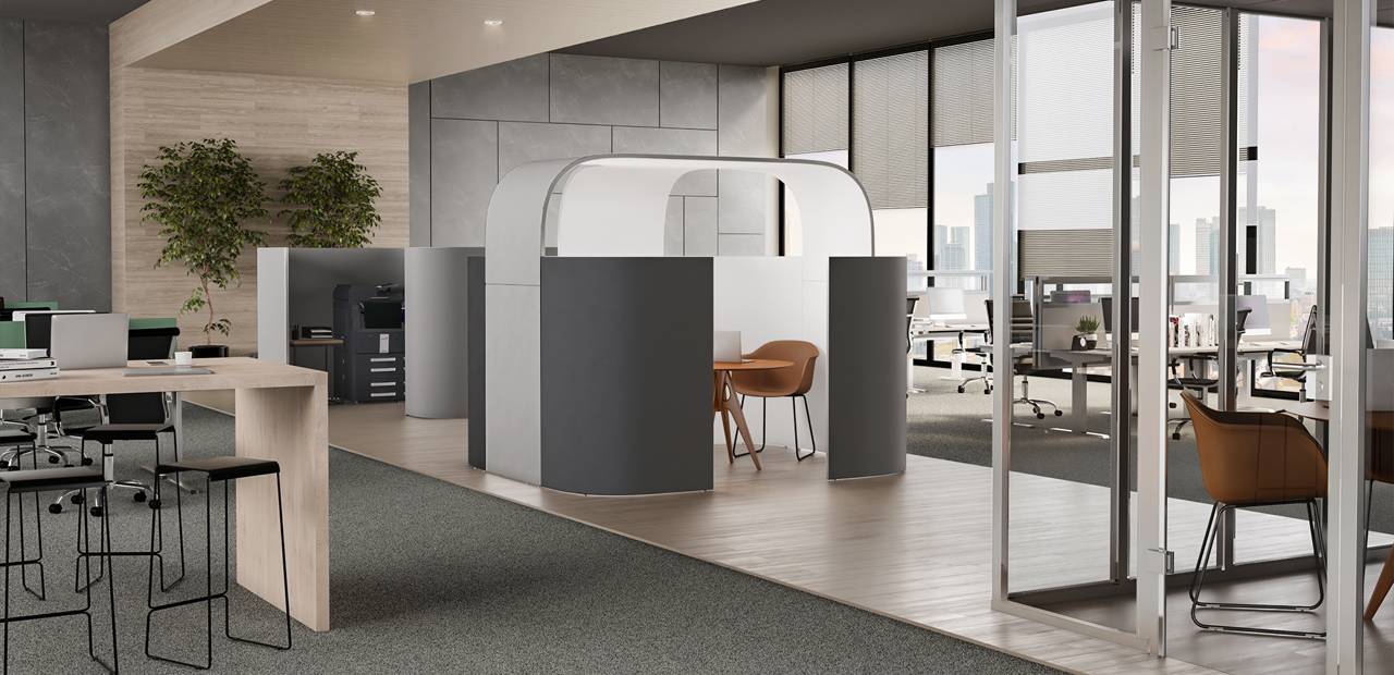 „Büroinsel“: Das offene Raumsystem Decato Discreto von Preform überzeugt durch seine hohe Wirksamkeit und seinen modularen Aufbau